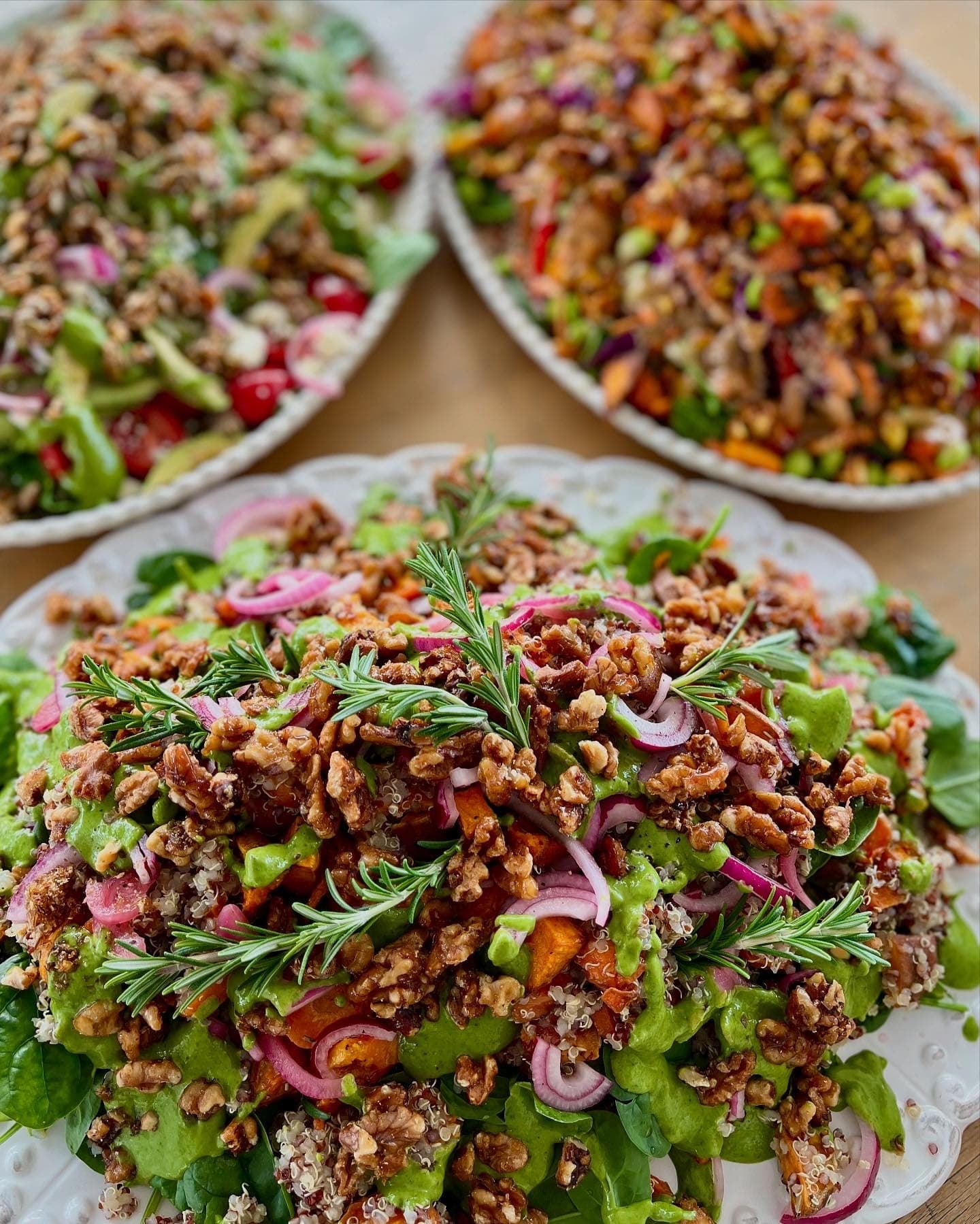 Roast Vegetable and Quinoa Salad with Candied Walnuts and Green Herb Tahini Dressing