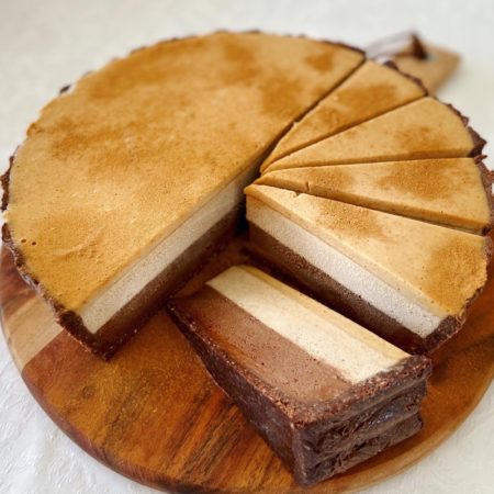 Chai spiced vanilla and chocolate mousse cheesecake with a cinnamon spiced caramel