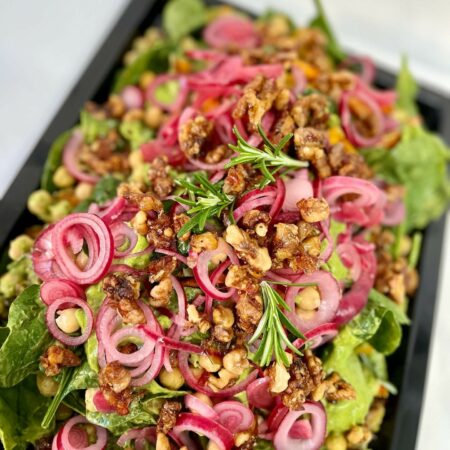 Christmas Roast Vegetable and Candied Walnut Green Herb Dressing Salad Bowl