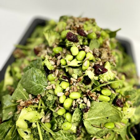 CHRISTMAS COLLECTION- Raw Broccoli and Edamame Bean Salad with toasted tamari seeds